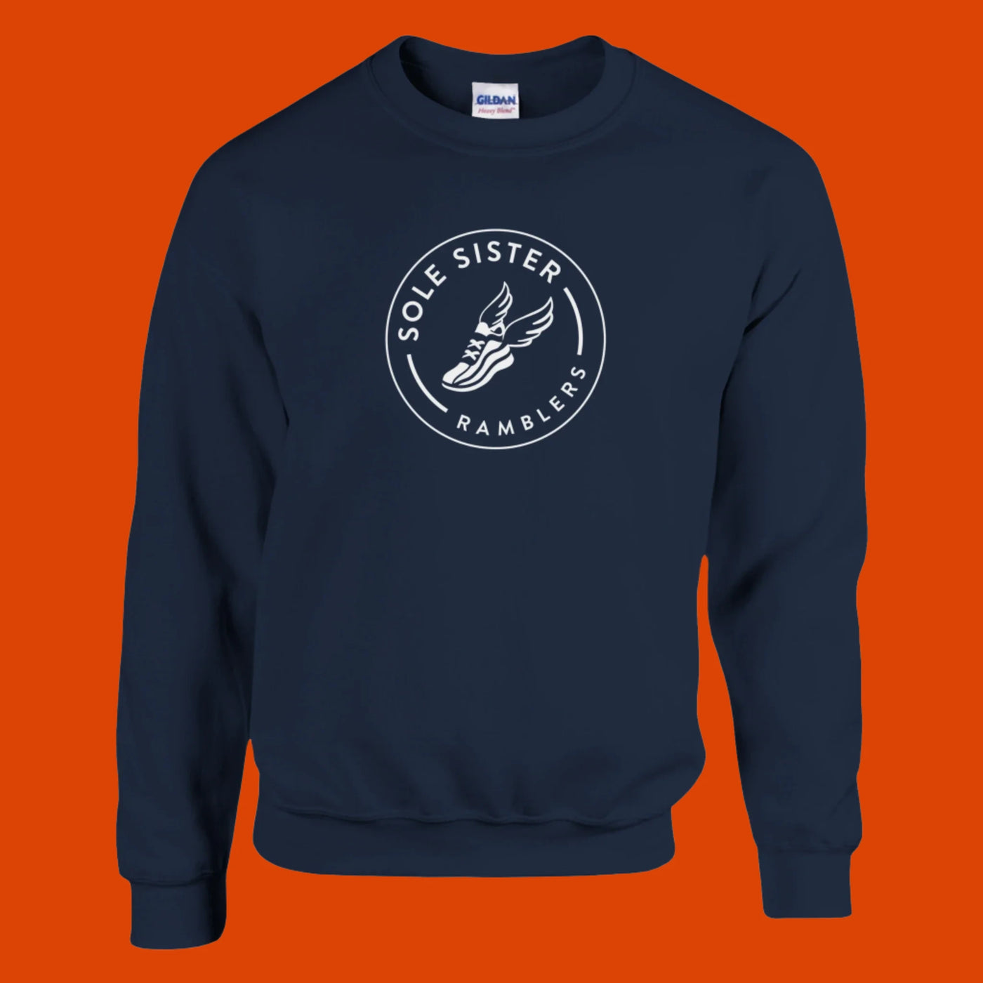 Front view navy crew neck sweatshirt with Sole Sister Rambler logo.