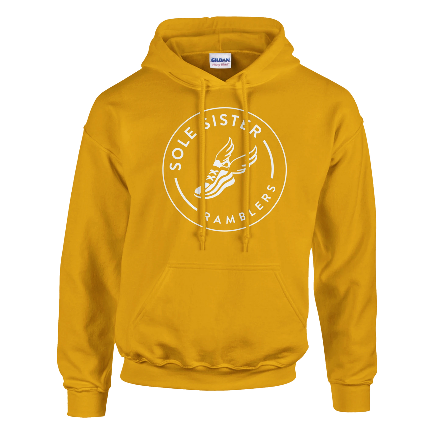 Front view of gold pullover hoodie with round white Sole Sister Ramblers logo.