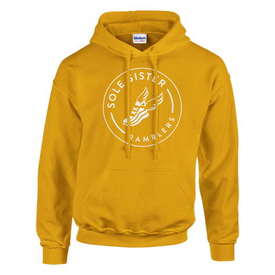 Front view of gold pullover hoodie with round white Sole Sister Ramblers logo.