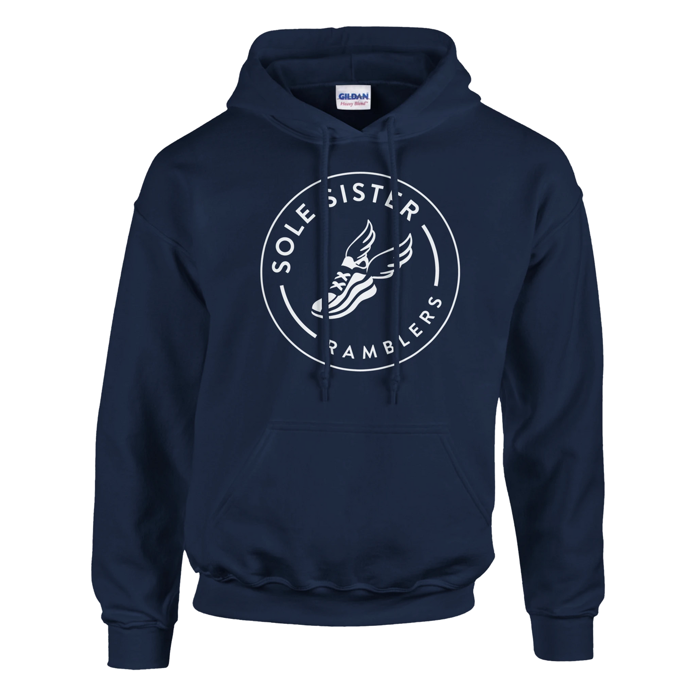 Front view of navy blue pullover hoodie with round white Sole Sister Ramblers logo.