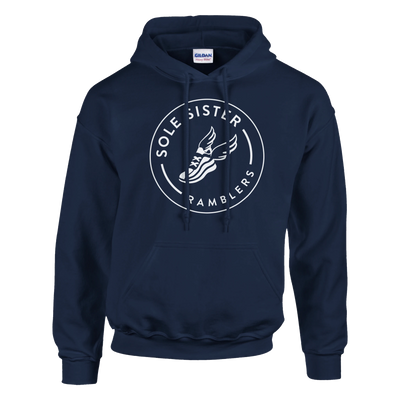 Front view of navy blue pullover hoodie with round white Sole Sister Ramblers logo.