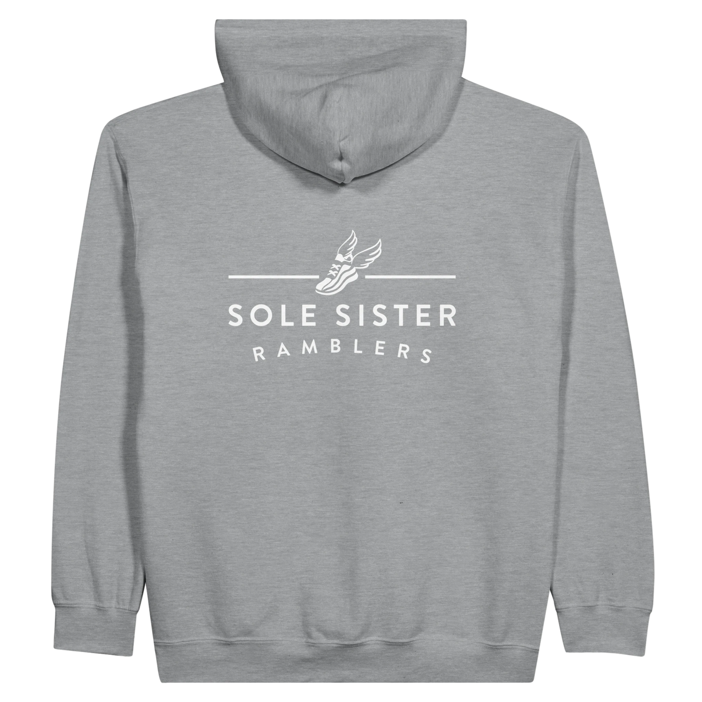 Back view of gray zip up hoodie with round white Sole Sister Rambler logo on center chest.