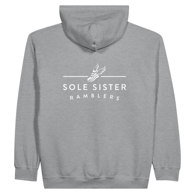 Back view of gray zip up hoodie with round white Sole Sister Rambler logo on center chest.