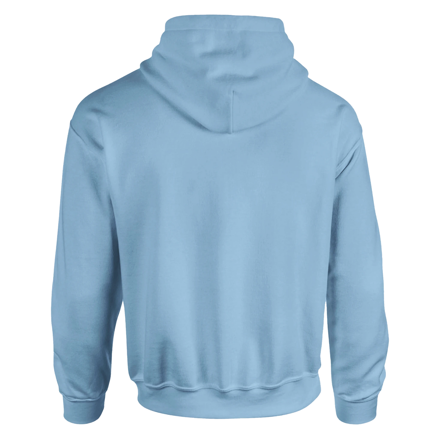 Back view of blue pullover hoodie.