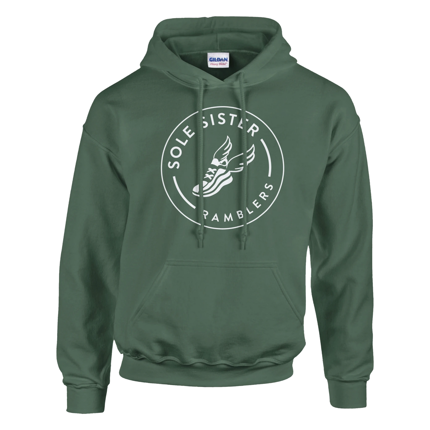 Front view of military green pullover hoodie with round white Sole Sister Ramblers logo.