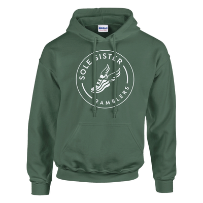 Front view of military green pullover hoodie with round white Sole Sister Ramblers logo.