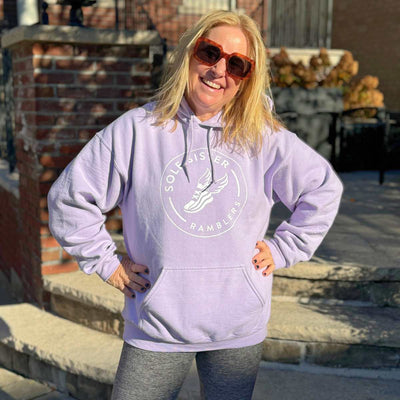 Woman wearing lilac Sole Sister Rambler Hoodie