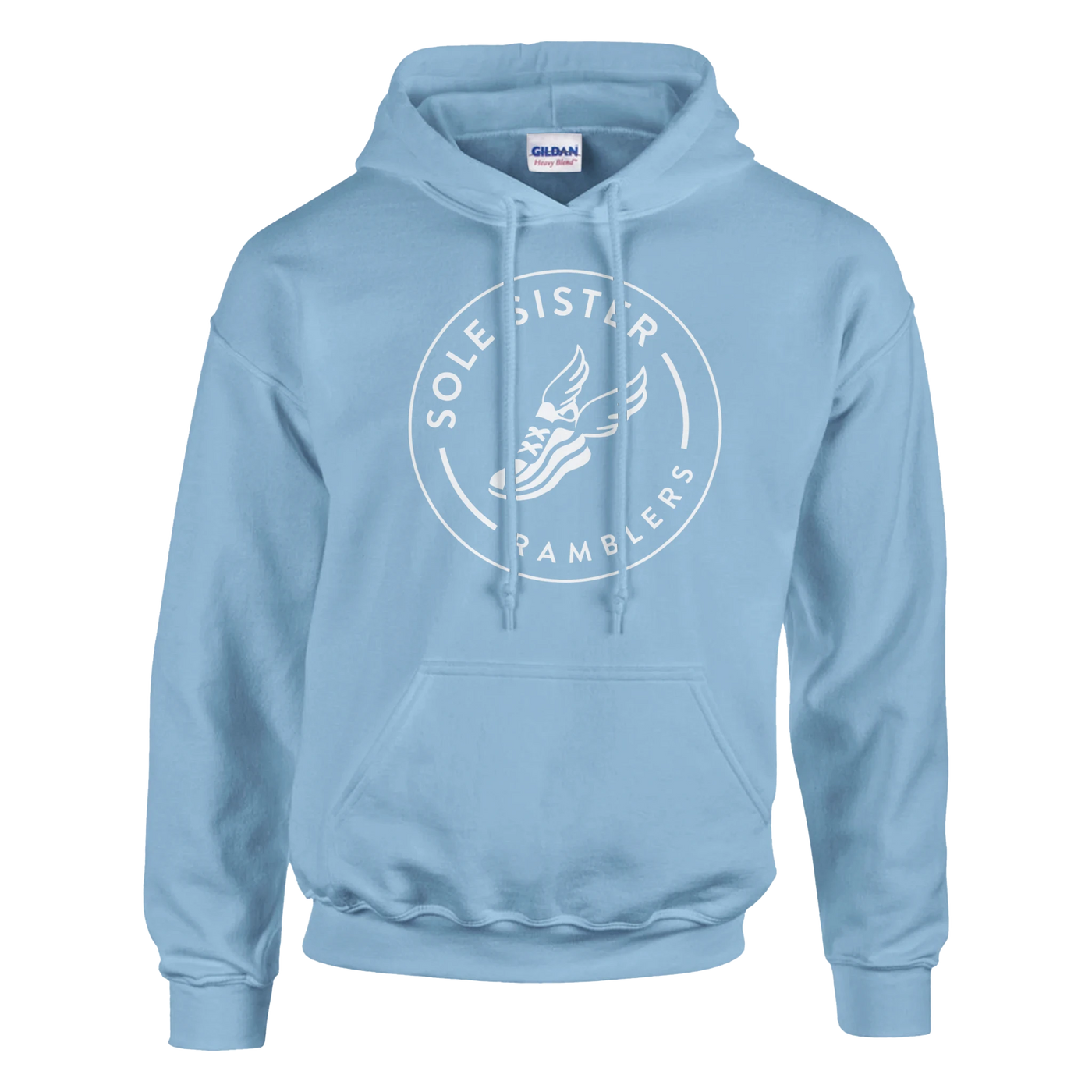 Front view of light blue pullover hoodie with round white Sole Sister Ramblers logo.