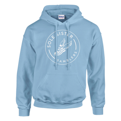 Front view of light blue pullover hoodie with round white Sole Sister Ramblers logo.