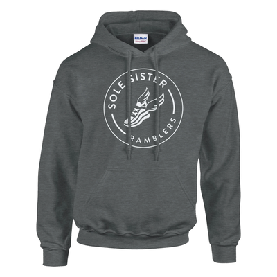 Front view of gray pullover hoodie with round white Sole Sister Ramblers logo.