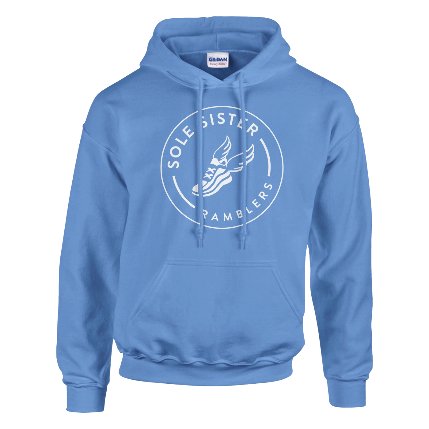 Front view of blue pullover hoodie with round white Sole Sister Ramblers logo.