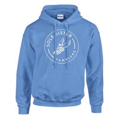 Front view of blue pullover hoodie with round white Sole Sister Ramblers logo.