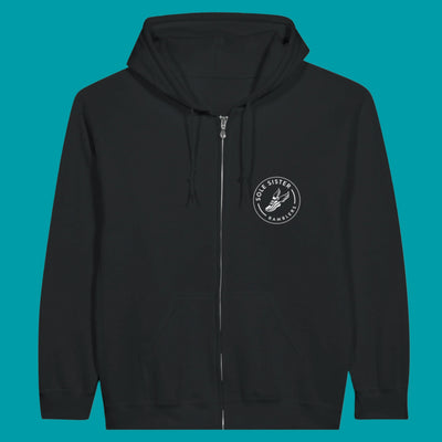 Front view of zippered hoodie with Sole Sister Ramblers logo on front right chest.