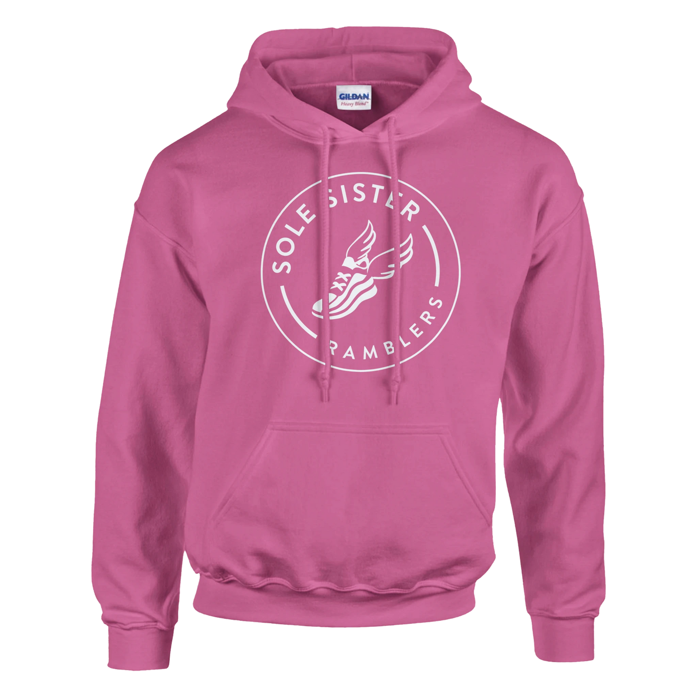 Front view of pink pullover hoodie with round white Sole Sister Ramblers logo.