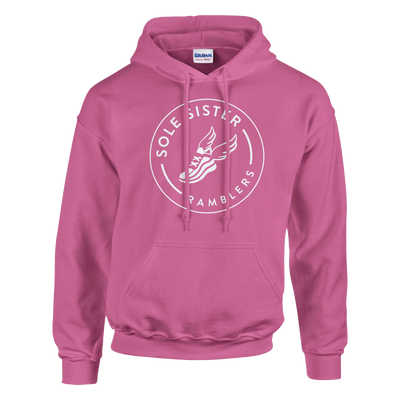 Front view of pink pullover hoodie with round white Sole Sister Ramblers logo.