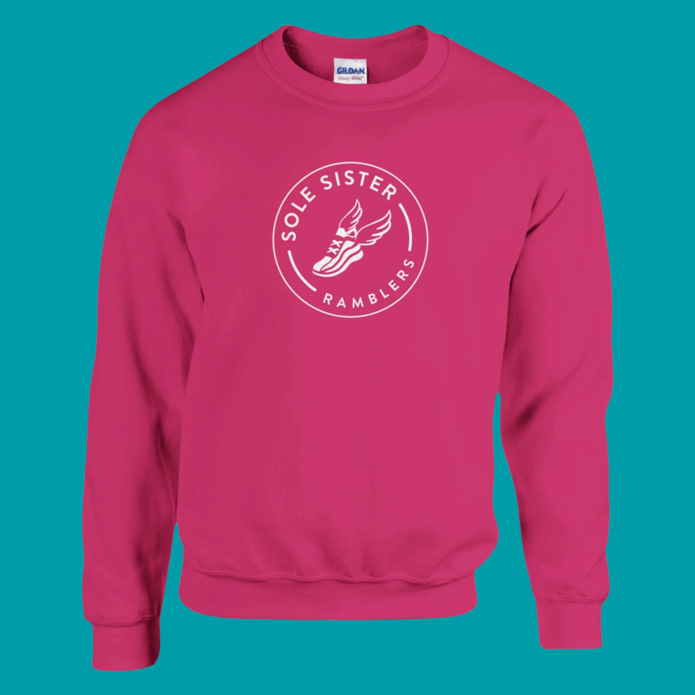 Front view pink crew neck sweatshirt with Sole Sister Rambler logo.