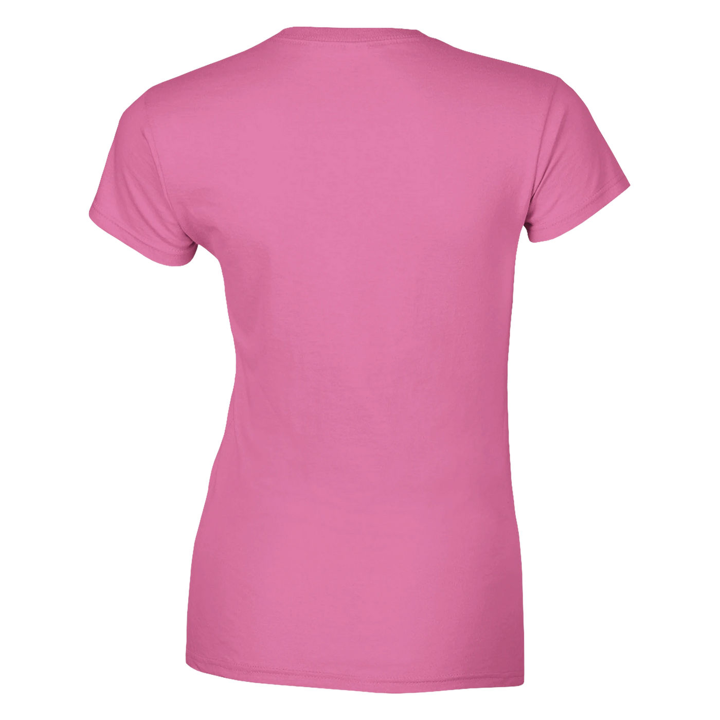 Back side of a pink crew neck women's cut t-shirt.