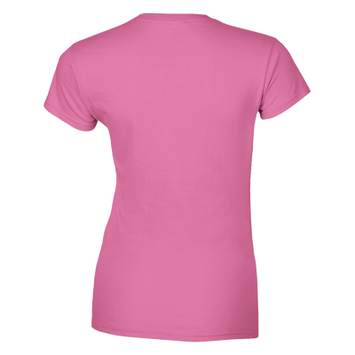 Back side of a pink crew neck women's cut t-shirt.