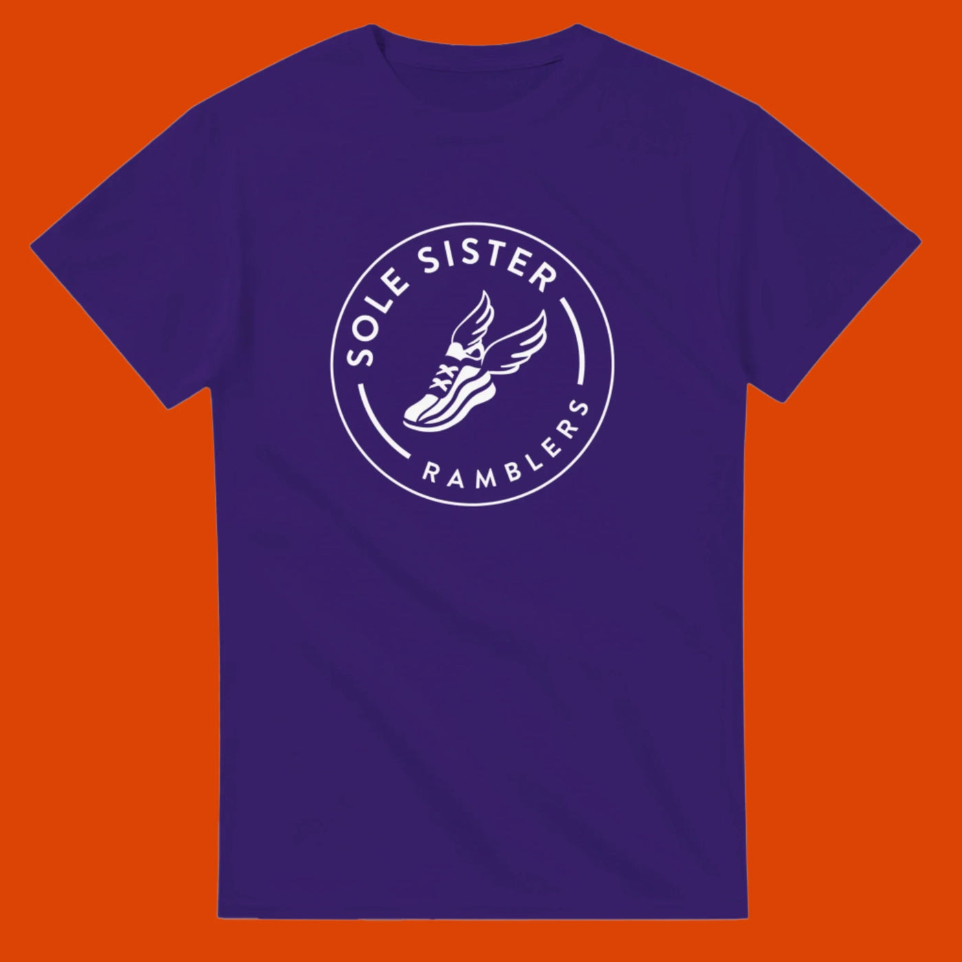 Purple t-shirt with white Sole Sister Ramblers logo.