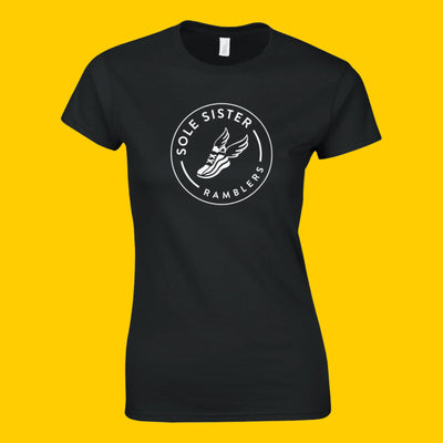 Black crew neck women's cut t-shirt with Sole Sister Ramblers logo.