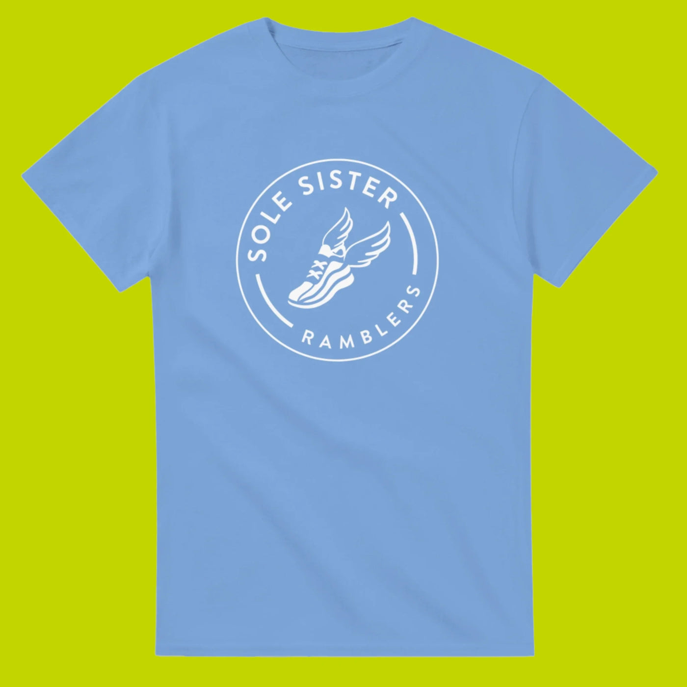 Blue  t-shirt with white Sole Sister Ramblers logo.