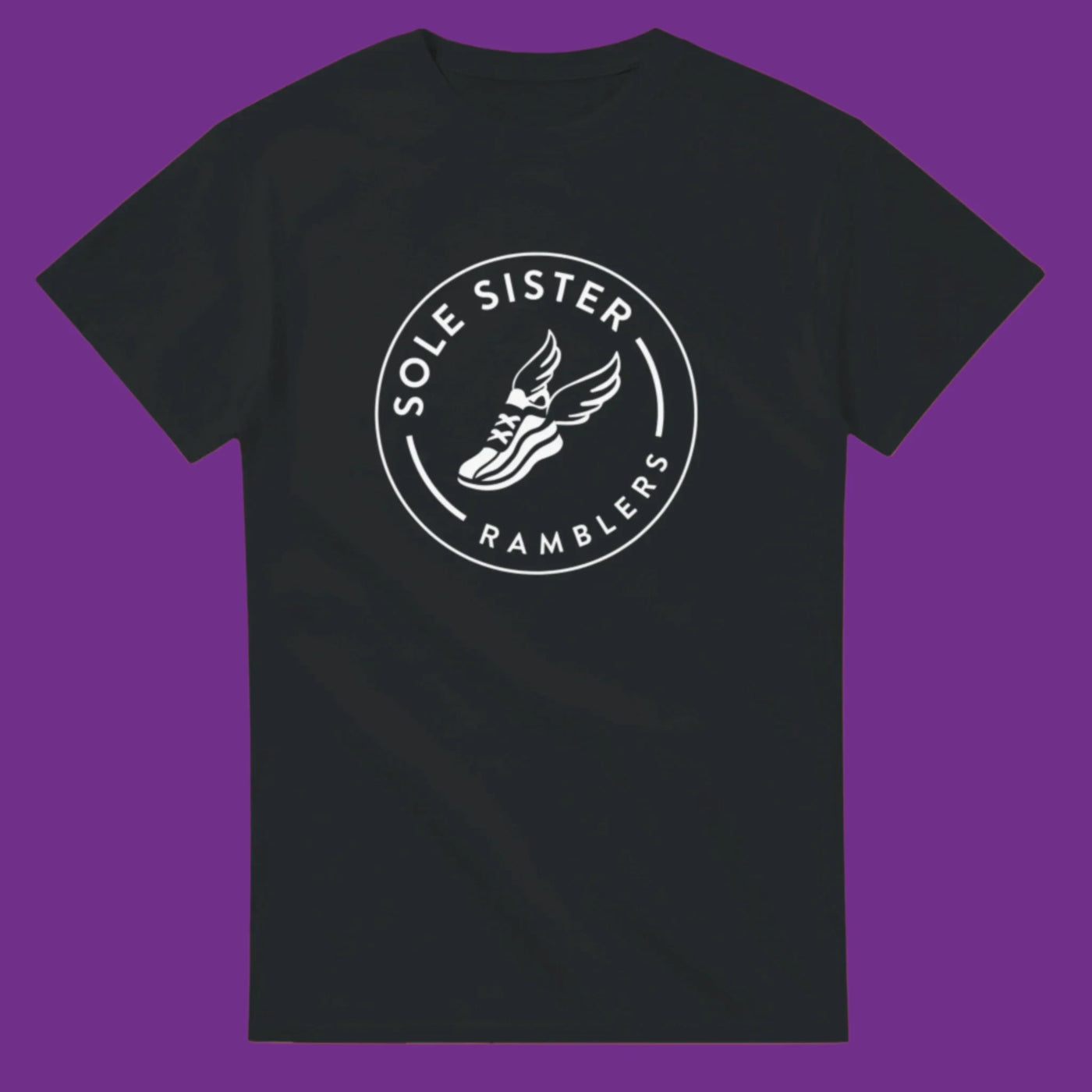 Black t-shirt with white Sole Sister Ramblers logo.