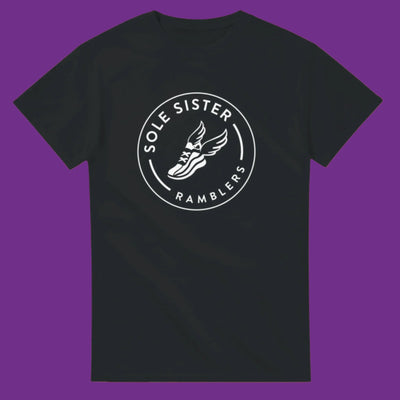 Black t-shirt with white Sole Sister Ramblers logo.