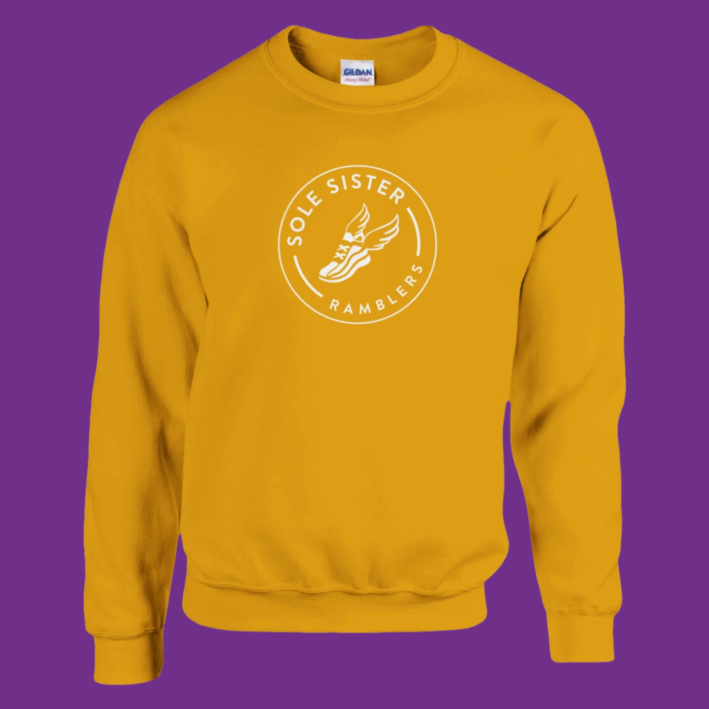 Front view gold crew neck sweatshirt with Sole Sister Rambler logo.