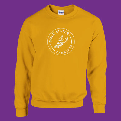 Front view gold crew neck sweatshirt with Sole Sister Rambler logo.