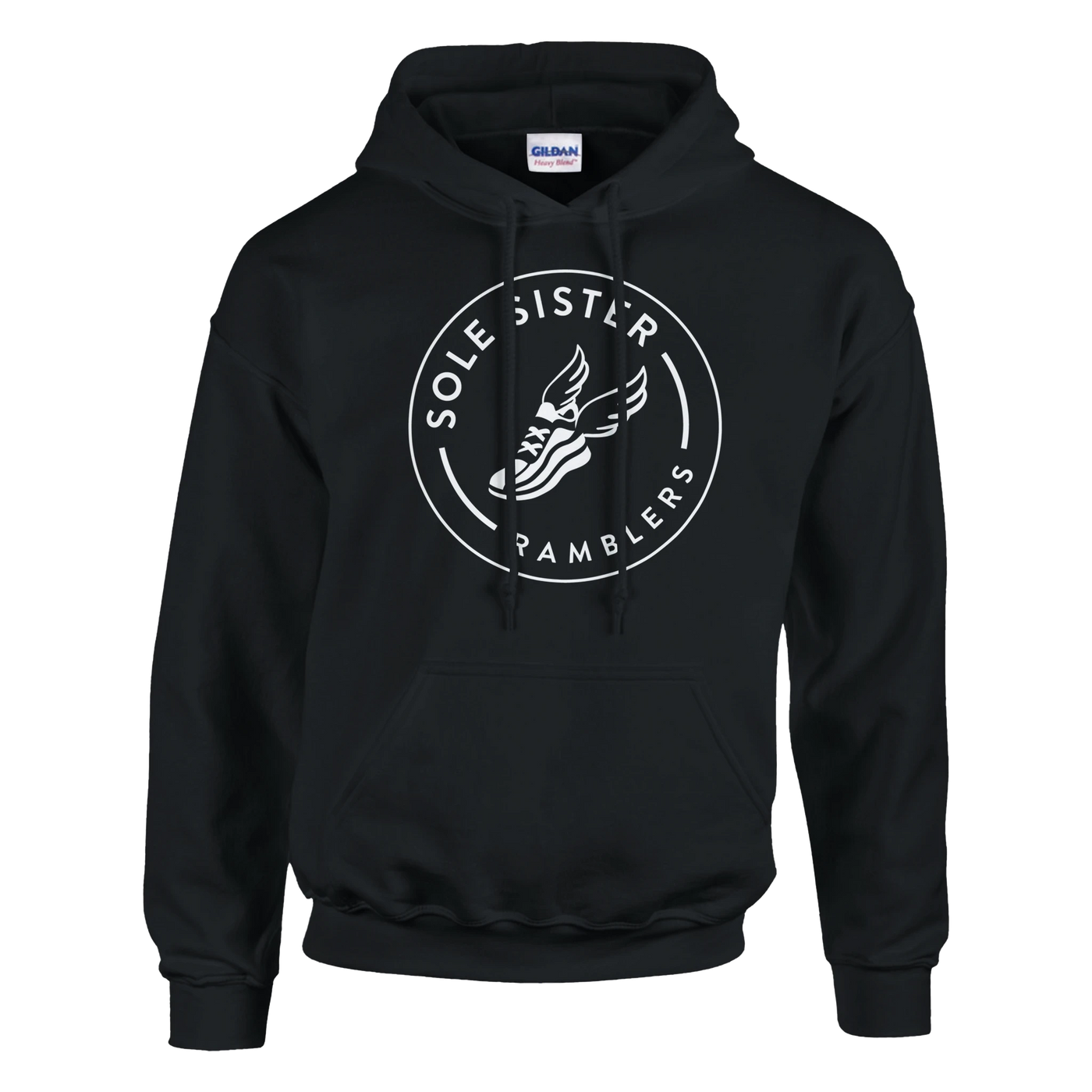 Front view of black pullover hoodie with round white Sole Sister Ramblers logo.