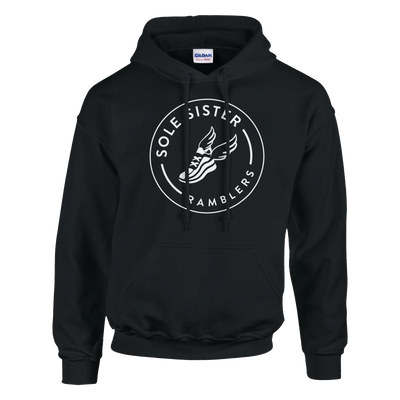 Front view of black pullover hoodie with round white Sole Sister Ramblers logo.