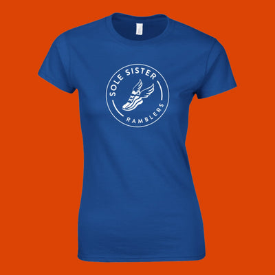 Royal blue crew neck women's cut t-shirt with Sole Sister Ramblers logo.