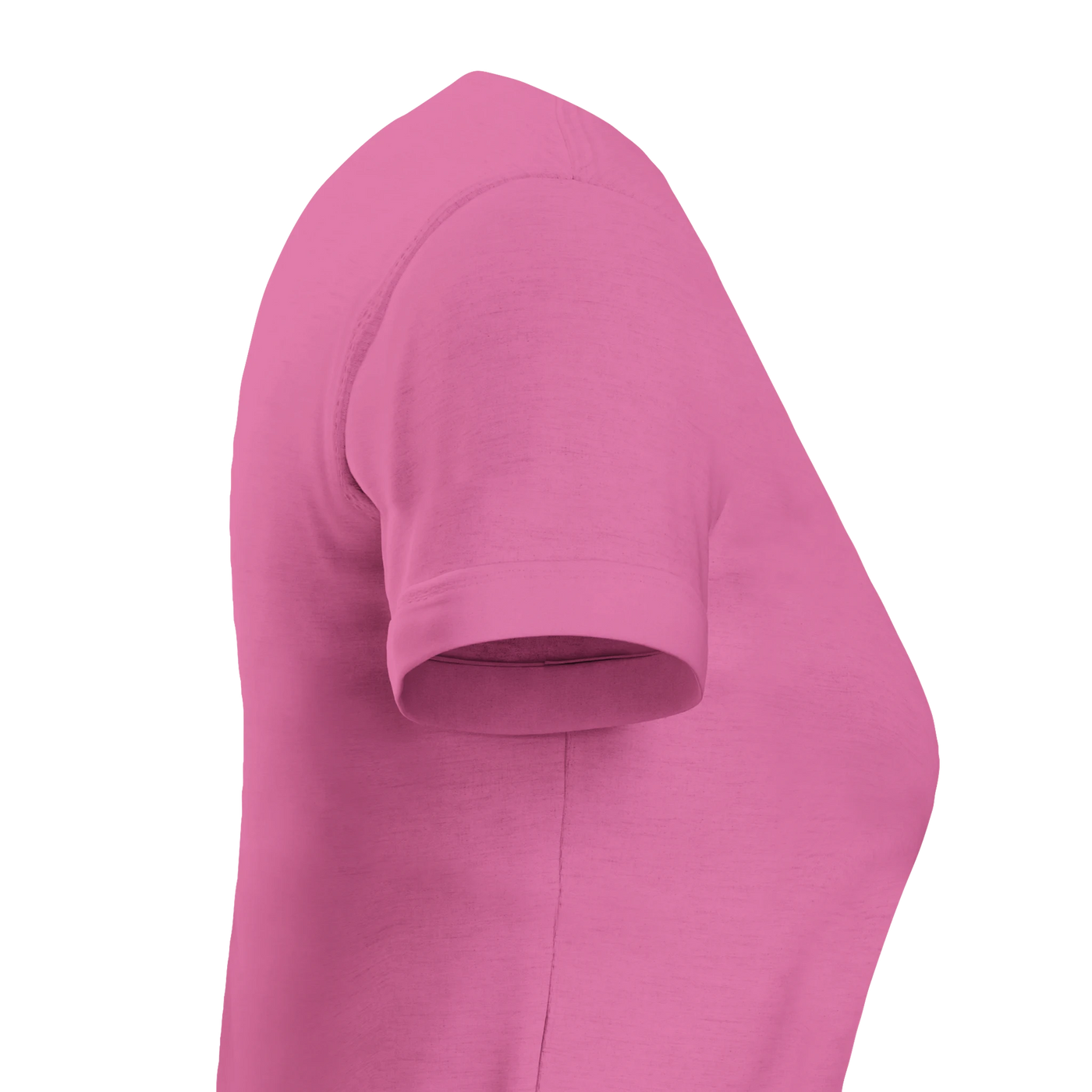 Side view sleeve of a pink crew neck women's cut t-shirt.