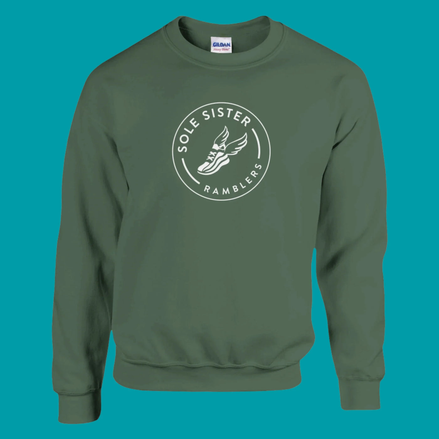 Front view military green crew neck sweatshirt with Sole Sister Rambler logo.