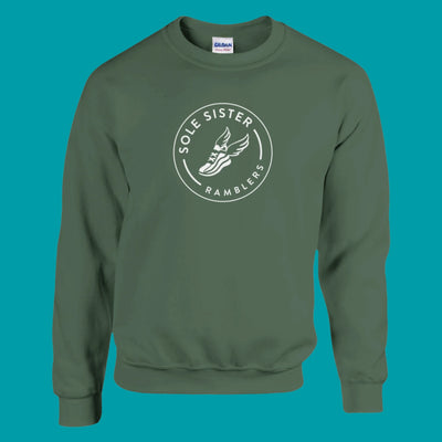 Front view military green crew neck sweatshirt with Sole Sister Rambler logo.