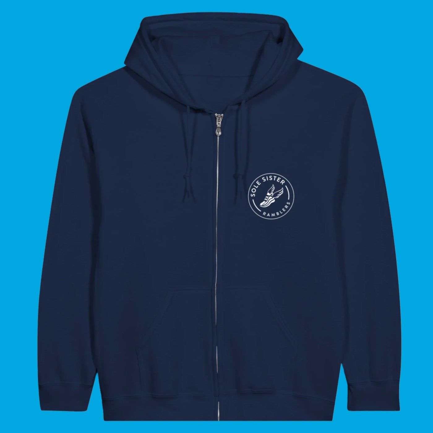 Front view of navy zip up hoodie with round white Sole Sister Rambler logo on right chest.