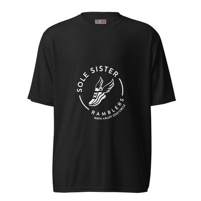 Black women's cut crew neck tee with white Sole Sister Ramblers Napa Valley logo.