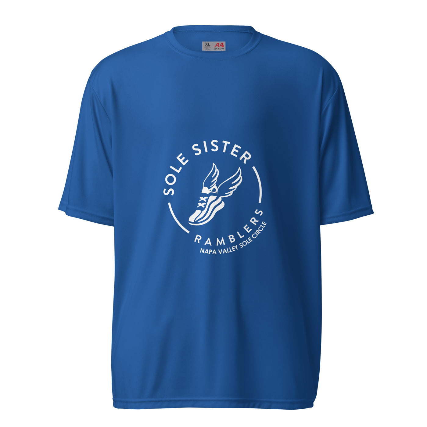 Blue women's cut crew neck tee with white Sole Sister Ramblers Napa Valley logo.