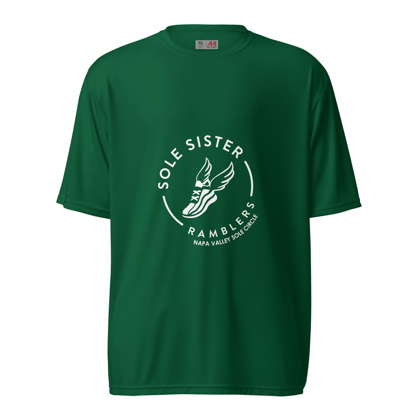 Green women's cut crew neck tee with white Sole Sister Ramblers Napa Valley logo.