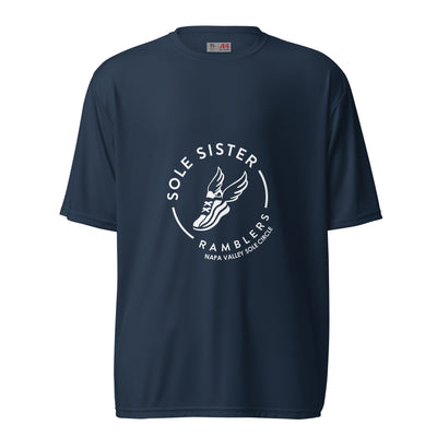 Navy women's cut crew neck tee with white Sole Sister Ramblers Napa Valley logo.