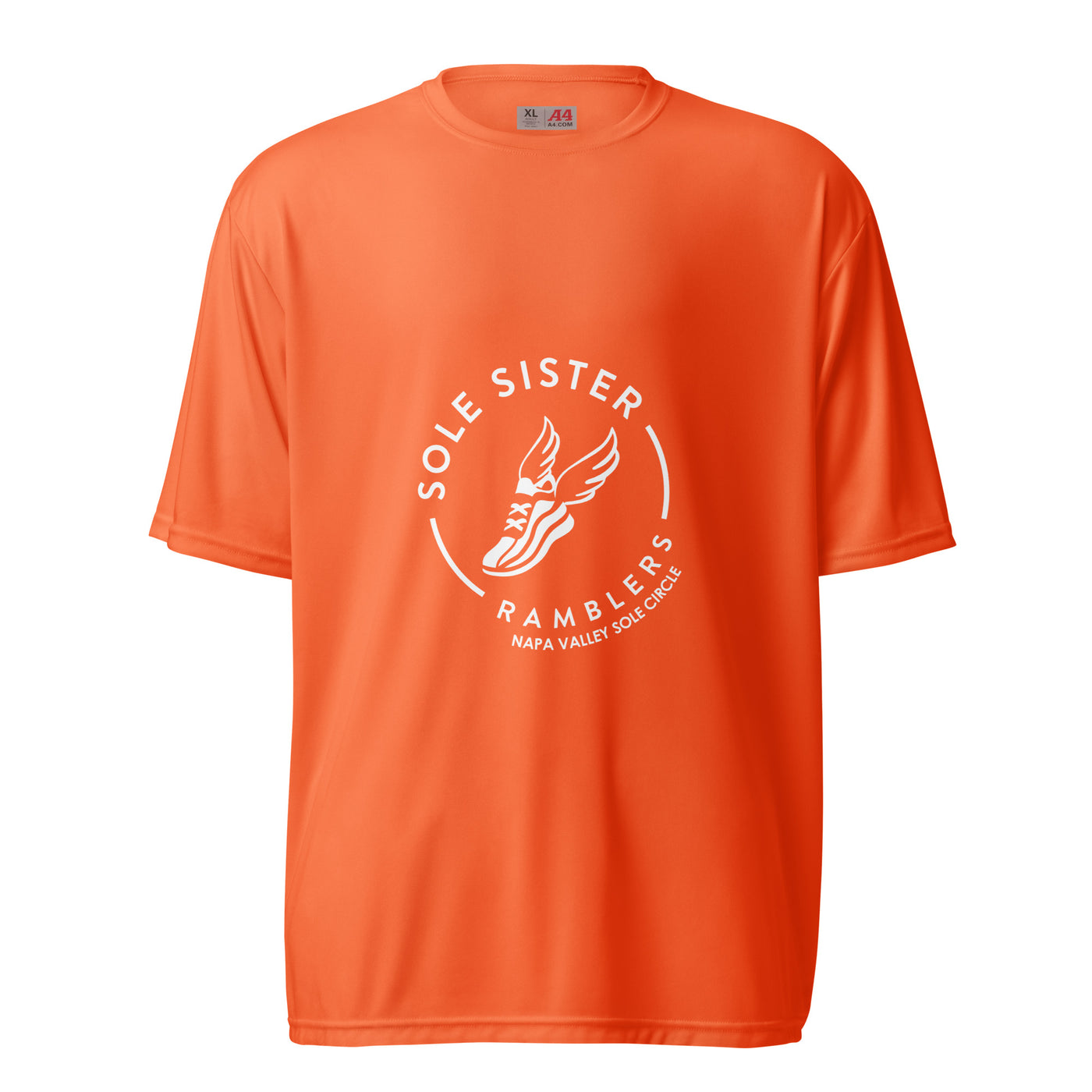 Orange women's cut crew neck tee with white Sole Sister Ramblers Napa Valley logo.