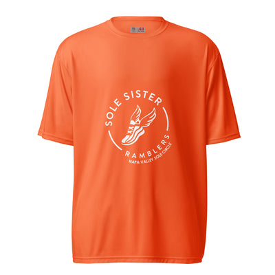 Orange women's cut crew neck tee with white Sole Sister Ramblers Napa Valley logo.