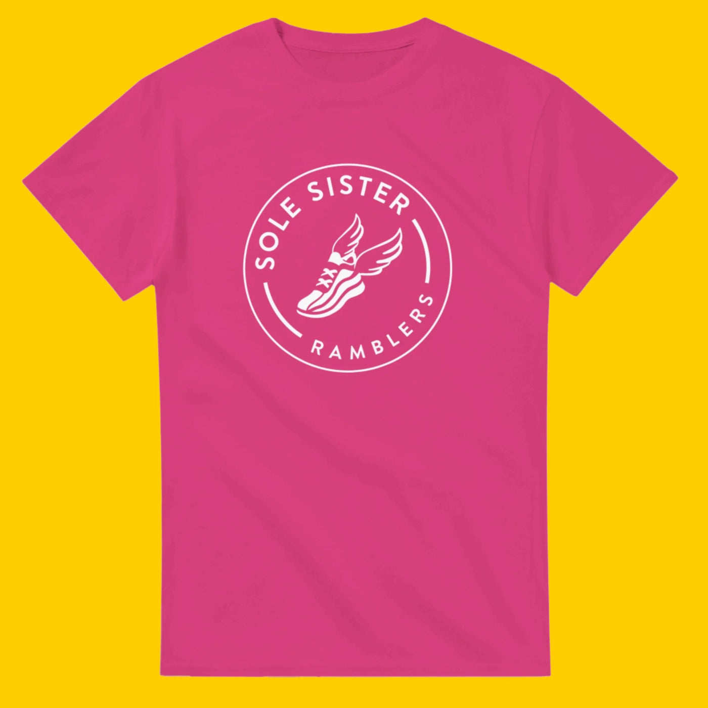 Pink t-shirt with white Sole Sister Ramblers logo.