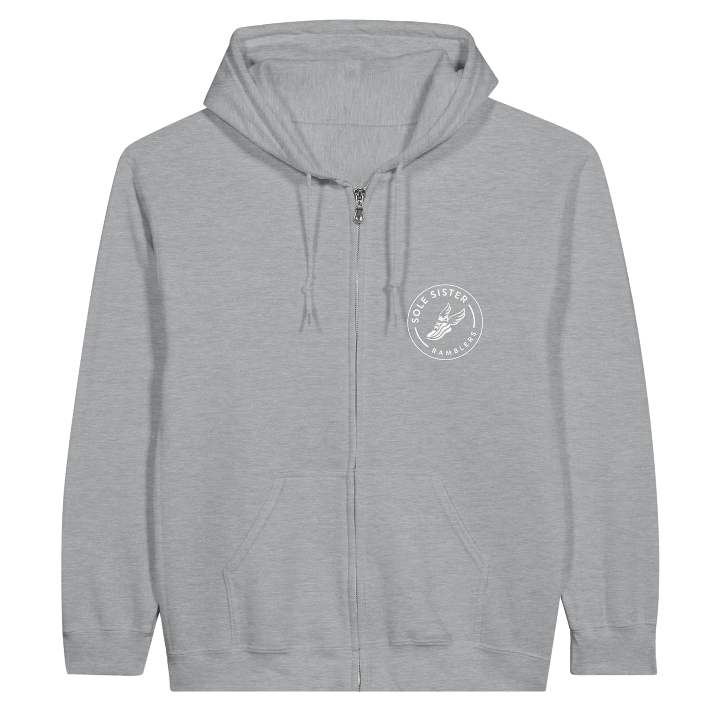 Front view of gray zip up hoodie with round white Sole Sister Rambler logo on right chest.