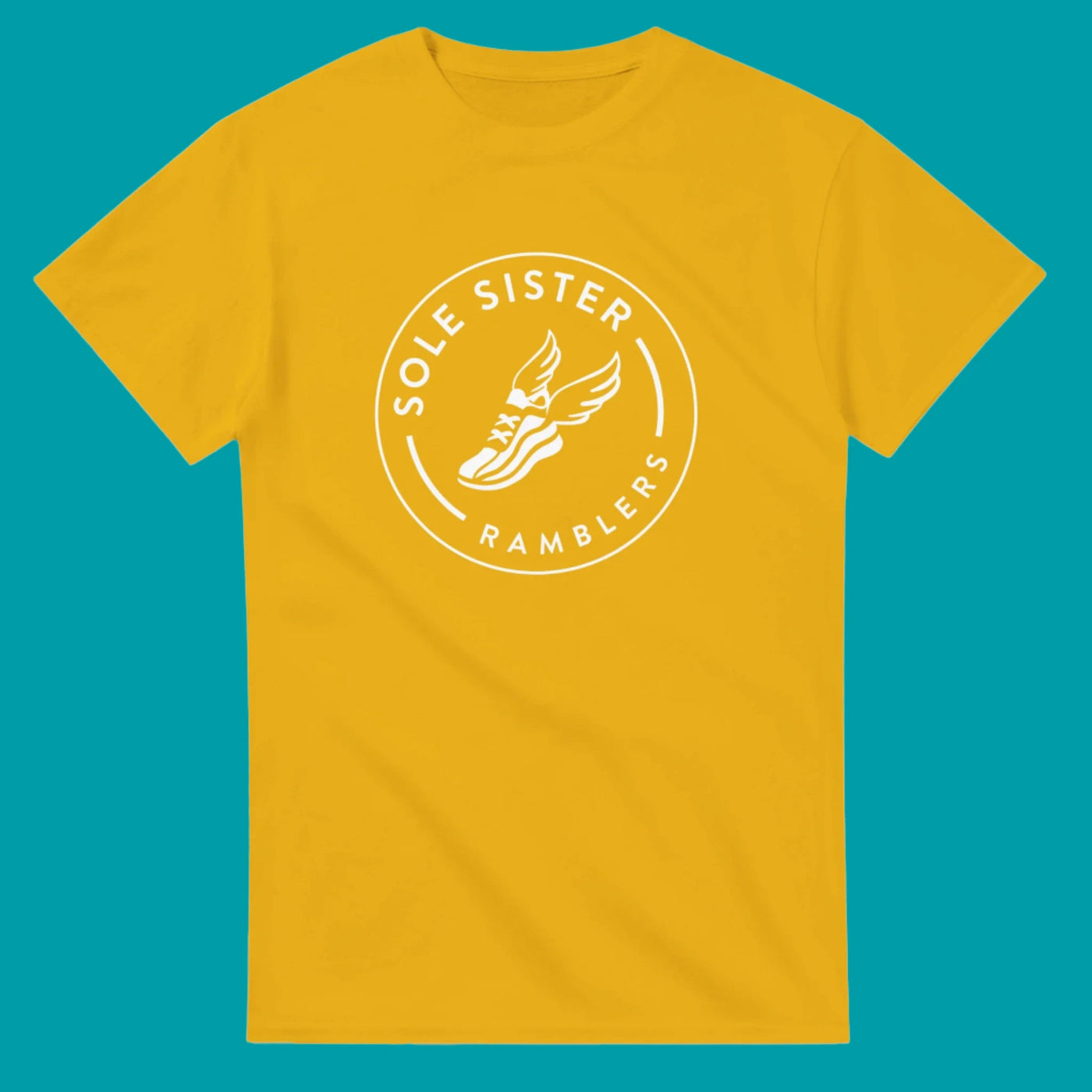 Gold t-shirt with white Sole Sister Ramblers logo.