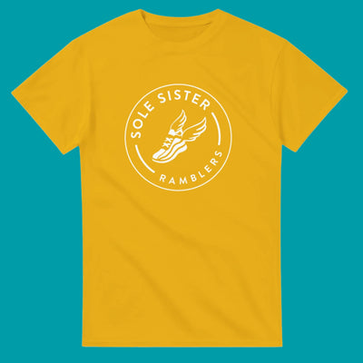 Gold t-shirt with white Sole Sister Ramblers logo.