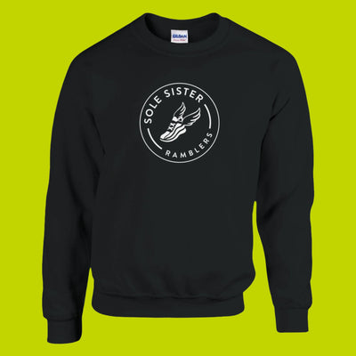 Front view black crew neck sweatshirt with Sole Sister Rambler logo.