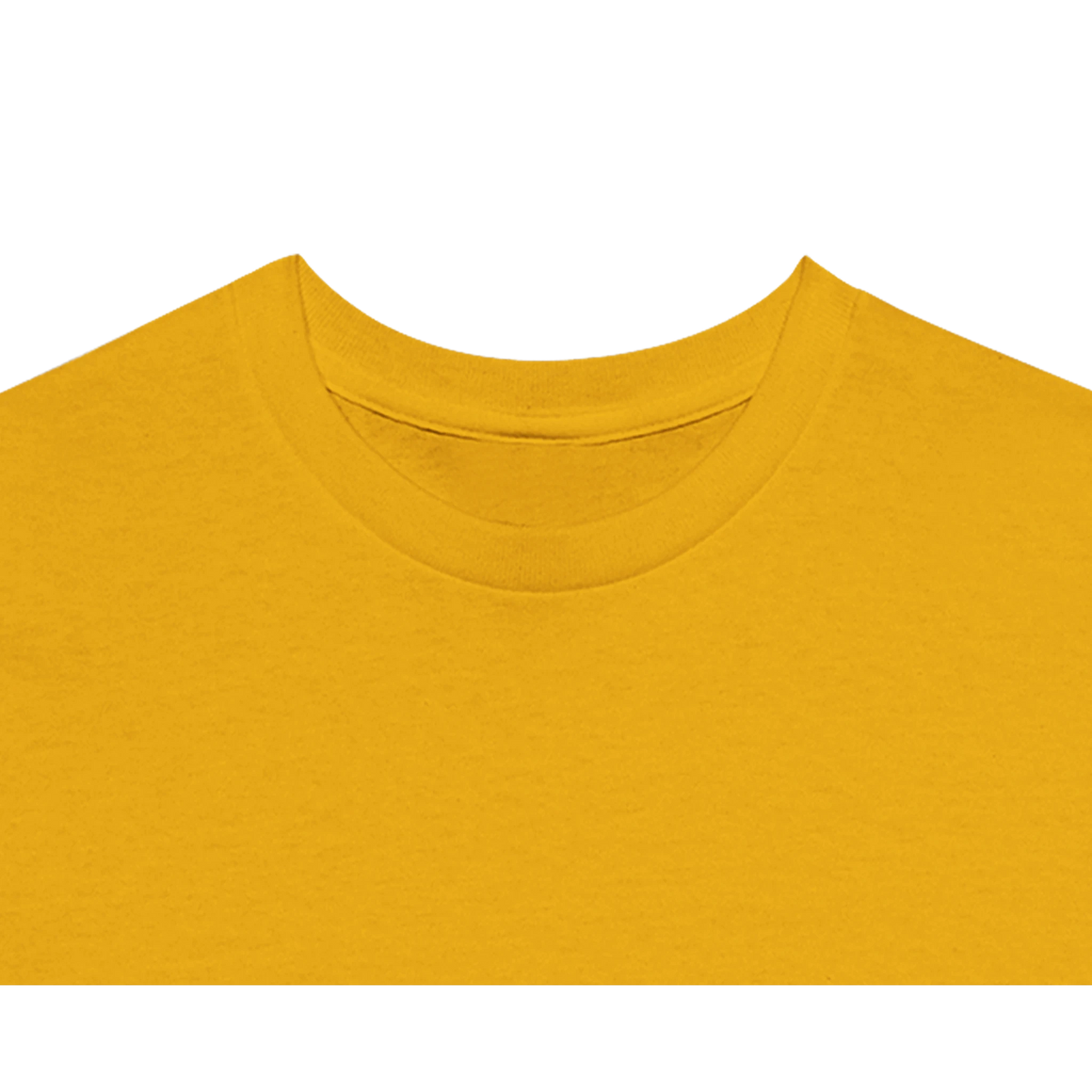 Close up view of the neck on a gold t-shirt.