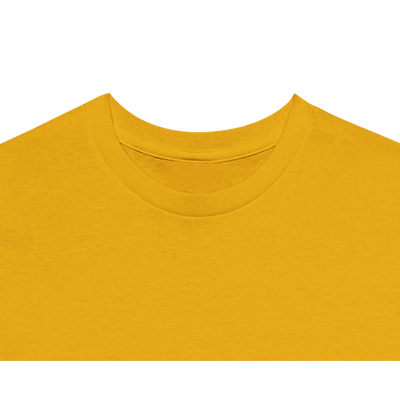 Close up view of the neck on a gold t-shirt.