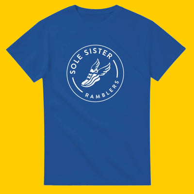 Blue t-shirt with white Sole Sister Ramblers logo.